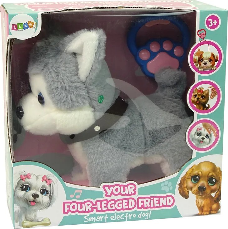 LEAN Toys Plyšový interaktívny psík husky vodítko, piesne a chôdza