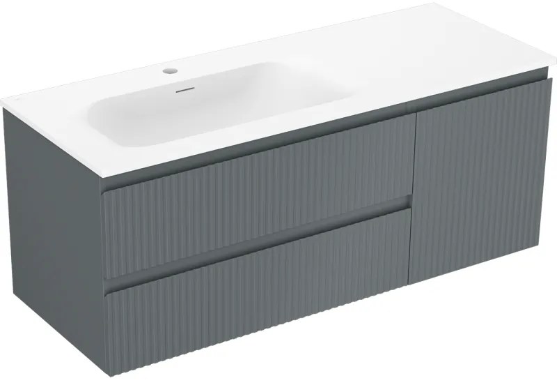 Mexen Rivel, kúpeľňová skrinka 120 cm s ľavým umývadlom Vela, 2S, 1D, drážkovaná, grafitová/biela matná, 91A23-12047-3-BBFFF66-W23L01