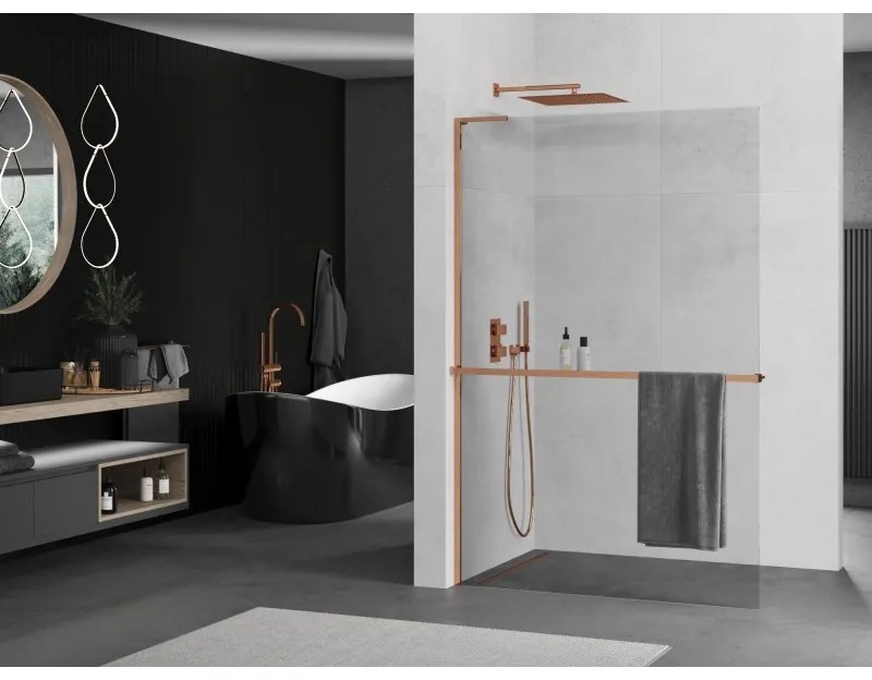 Mexen Kioto+ L, sprchová zástena Walk-In s poličkou a vešiakom 55 x 200 cm, 8mm číre sklo, ružové zlato profil, 800-055-123-60-00
