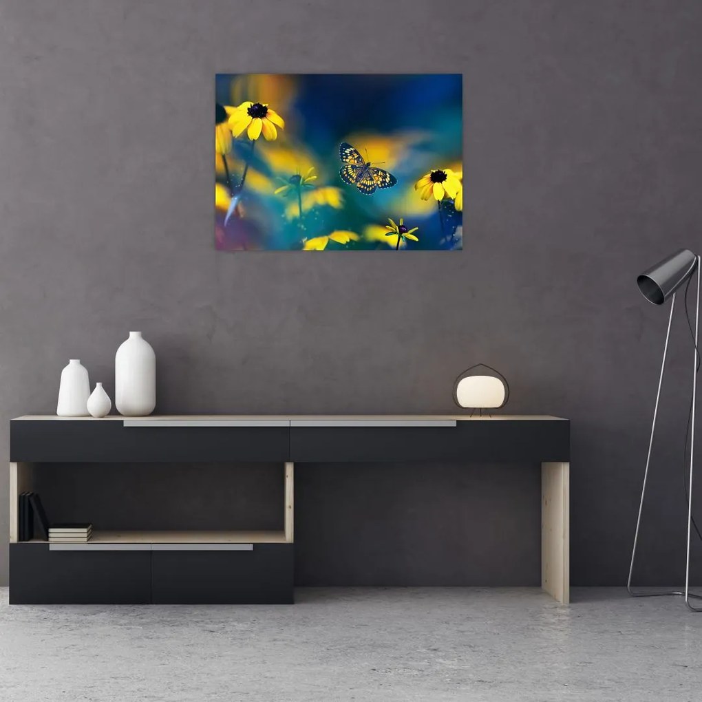 Sklenený obraz - Žltý motýľ s kvetmi (70x50 cm)