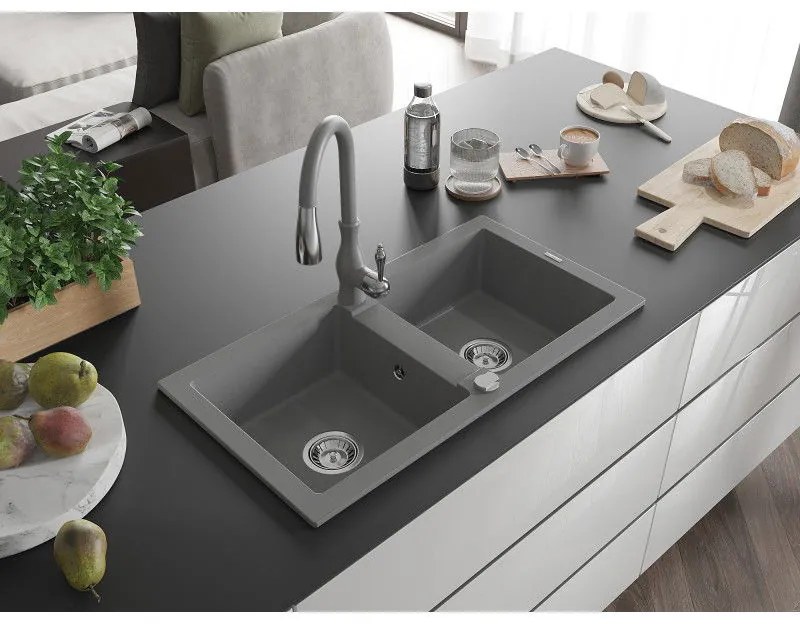 Mexen Mario, 2-komorový granitový drez 820x436x161 mm a drezová batéria Savita, šedá, 6504-71-672601-71