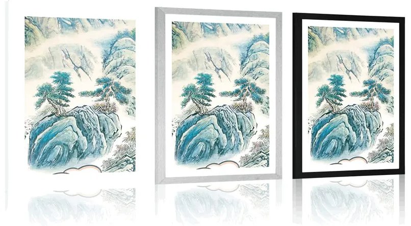 Plagát s paspartou čínska krajinomaľba - 60x90 silver