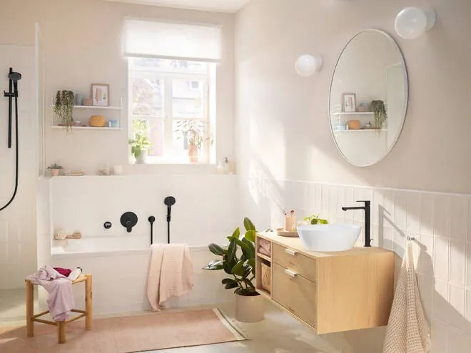 Hansgrohe Rebris S, vysoká umývadlová batéria 240 s odtokovou súpravou s tiahlom, CoolStart, čierna matná, HAN-72580670