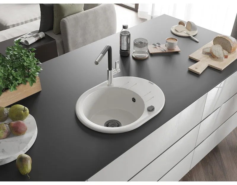 Mexen Kevin, 1-komorový granitový drez 586x458x190 mm a drezová batéria Flora, biela, 6517-20-670401-07-B