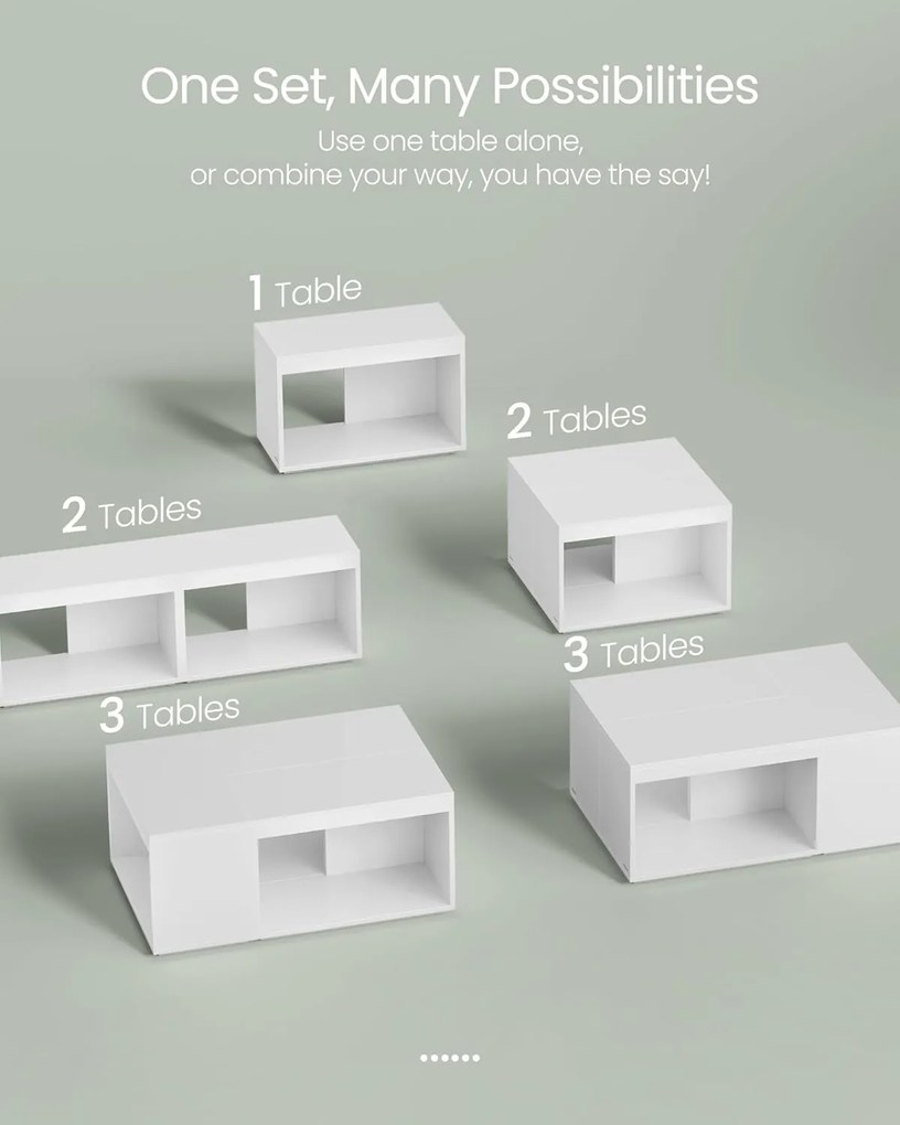 Konferenčné stolíky, príručné stolíky súprava 3 ks, prispôsobiteľné, biele