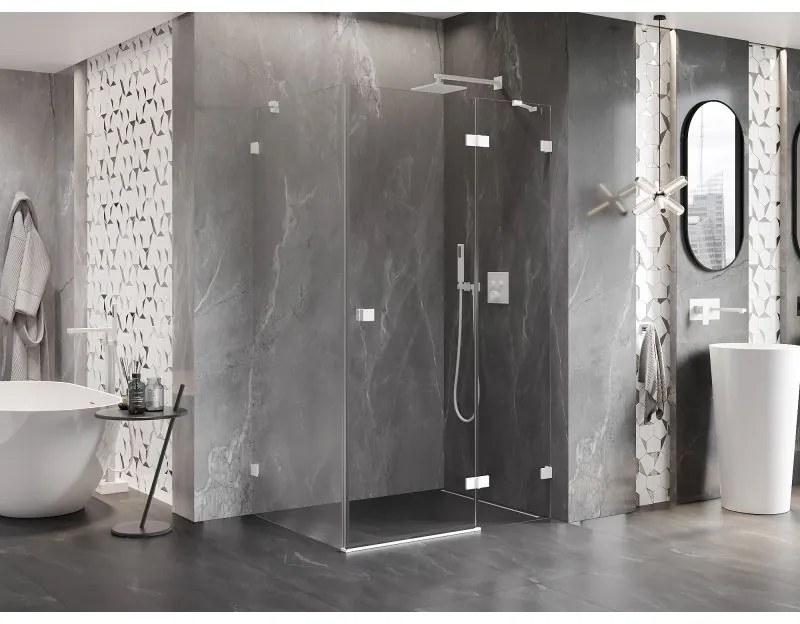 Mexen Lunar, pravostranný výklopný sprchový kút 75 x 90 cm, 8mm číre sklo, biely profil, 834-075-090-20-00-P