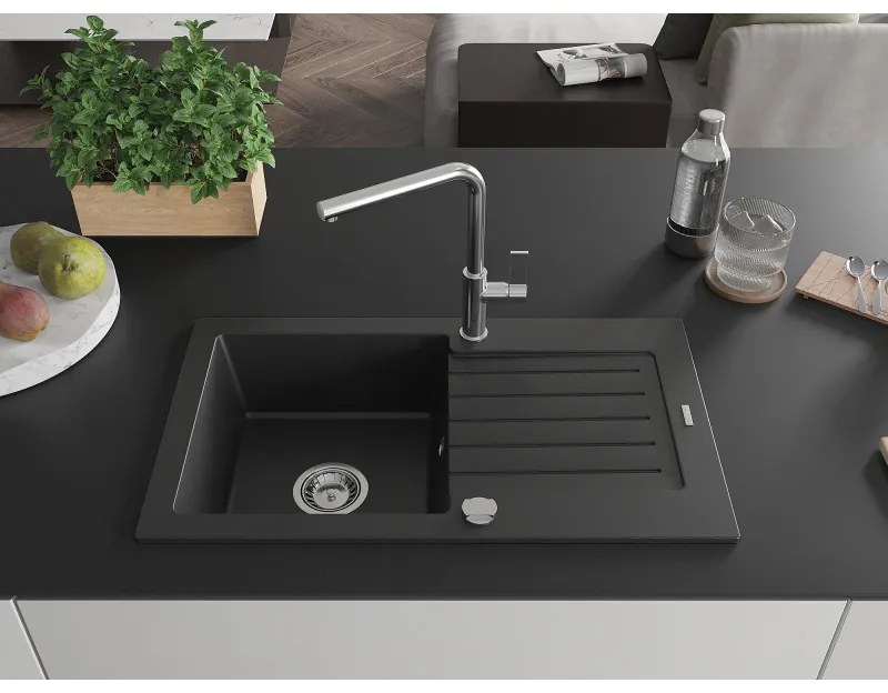 Mexen Pablo, 1-komorový granitový drez 752x436x161 mm a drezová batéria Flora, čierna, 6510-77-670401-00