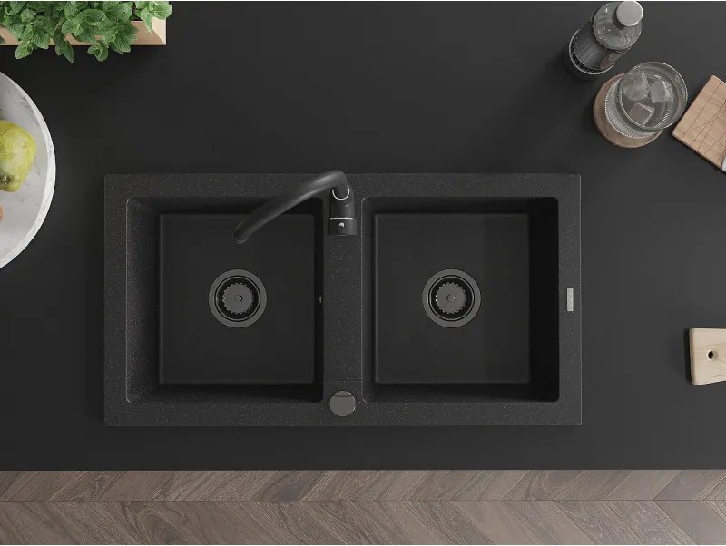 Mexen Mario, granitový drez 820x436x161 mm, 2-komorový, čierna-strieborná metalíza s čiernym sifónom, 6504822000-73-B