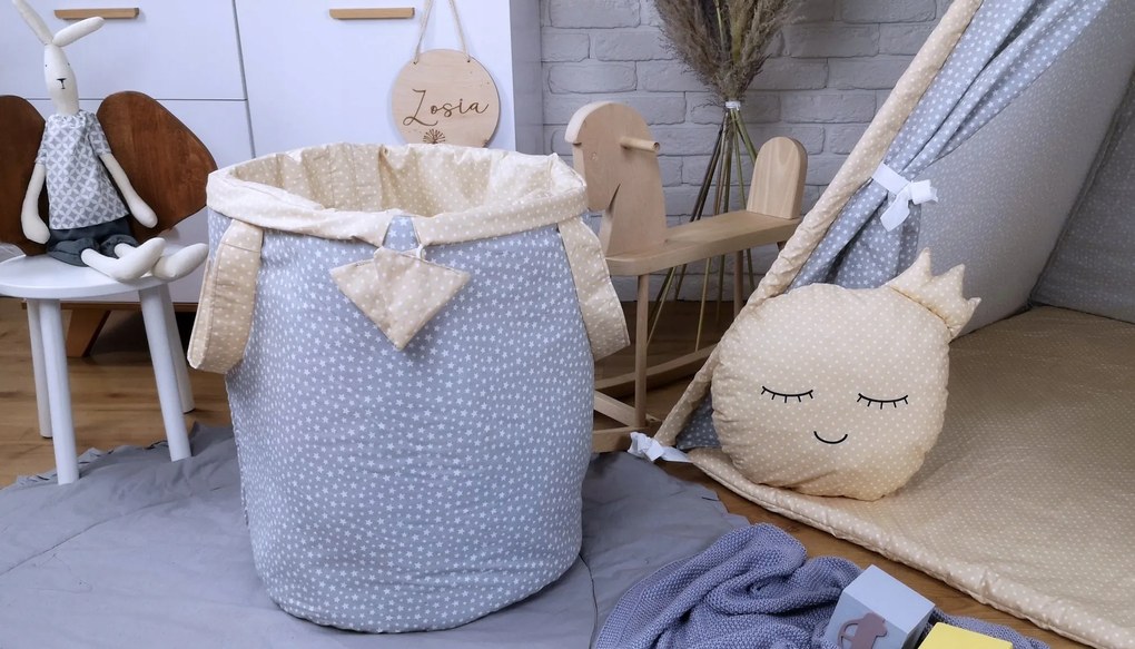 Detský kôš na hračky STARS - šedý/béžový