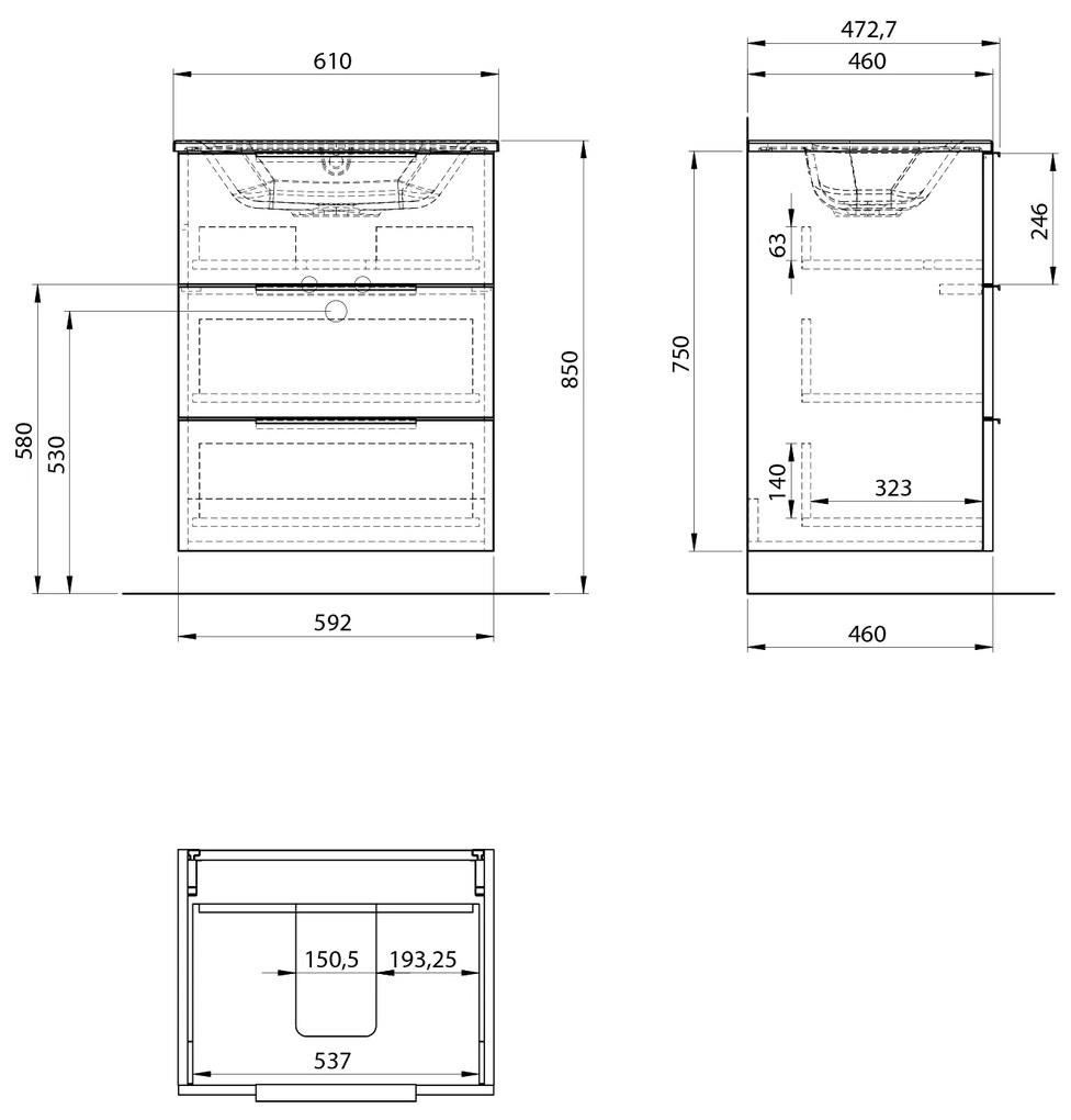 Sapho Sapho, CIRASA umývadlová skrinka 59,2x75x46cm, 3x zásuvka, dub Alabama, CR631-2222