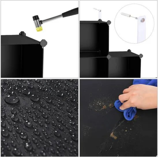 Úložný policový systém v tvare 16 kociek, stojan na topánky, stohovateľné kocky, čierna