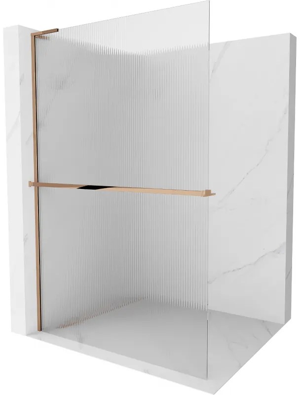 Mexen Kioto+ L, sprchová zástena Walk-In s poličkou a vešiakom 110 x 200 cm, 8mm sklo s rebrovým vzorom, ružové zlato profil, 800-110-123-60-09