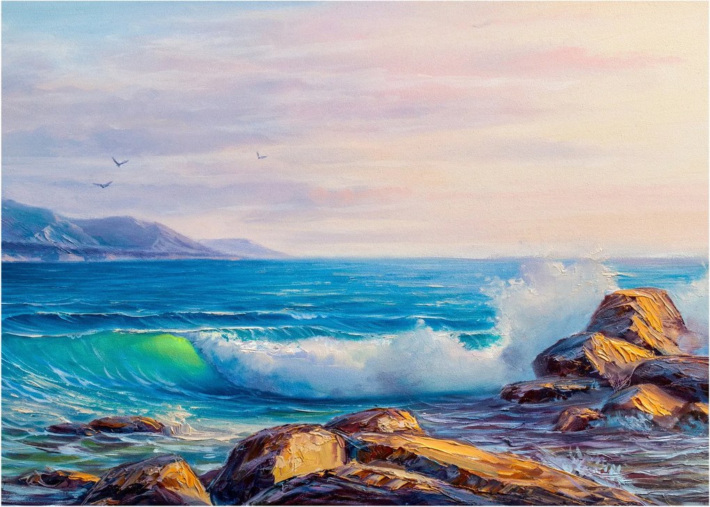 Sklenený obraz vĺn narážajúcich na útesy, olejomaľba (70x50 cm)