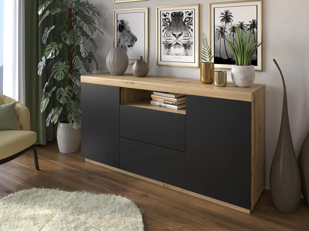 LUNGO KOMODA DUB WOTAN ČIERNA 164 cm