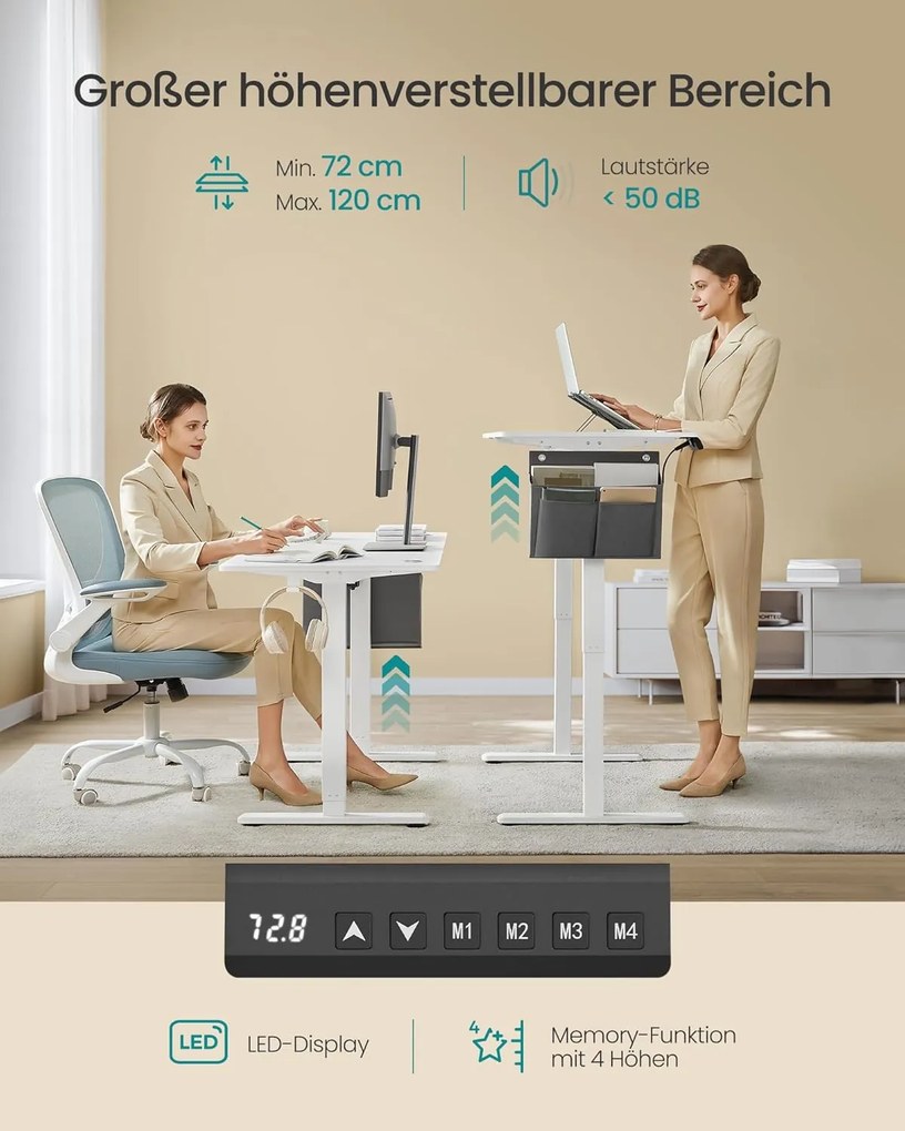 Výškovo nastaviteľný elektrický stôl, 60 x 140 x 72–120 cm, biely