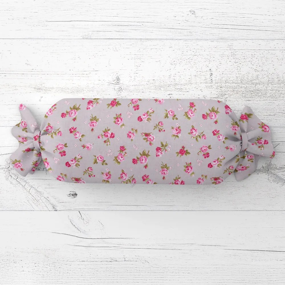 Biante Vankúš valec bonbon Sandra SA-343 Ružové ružičky na sivom 15x40 cm