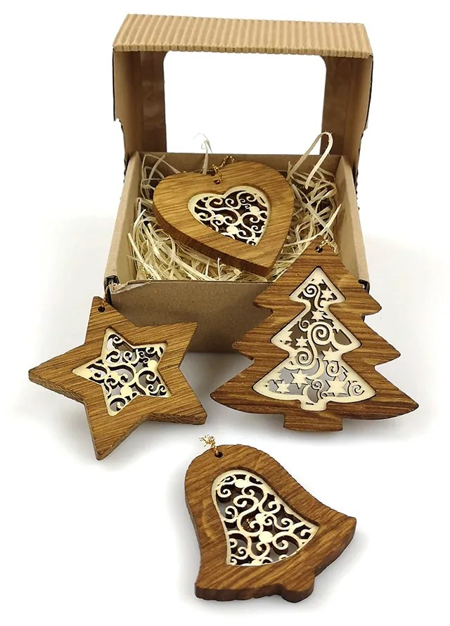 AMADEA Vianočný set 4 druhov drevených ozdôb z masívu s vkladom - ornament + krabička