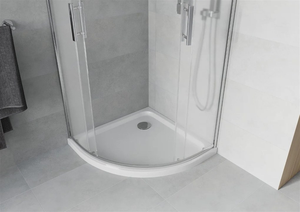 Mexen Rio, štvrťkruhový sprchovací kút s posuvnými dverami 90 x 90 cm, 5mm sklo námraza, chrómový profil + biela sprchová vanička, 863-090-090-01-30-4110