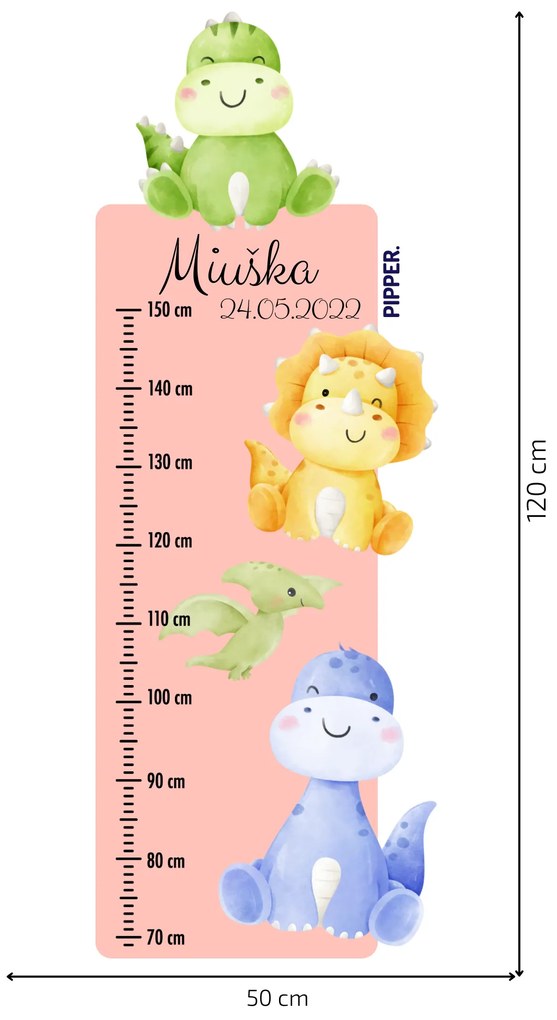 50x120cm Detský meter s menom - Dinosaury - textilná nálepka na stenu