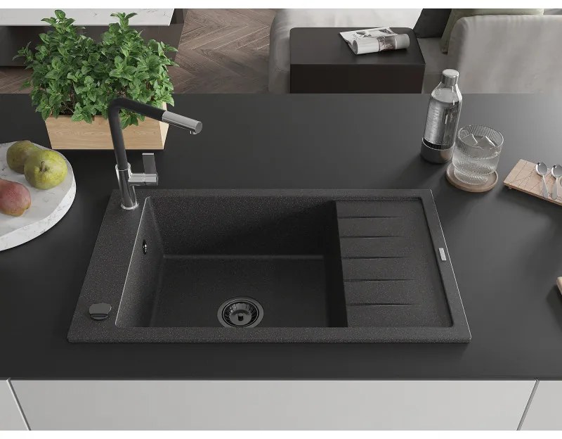 Mexen Elias, 1-komorový granitový drez 795x480x200 mm a drezová batéria Flora, čierna škvrnitá, 6511-76-670401-07-B