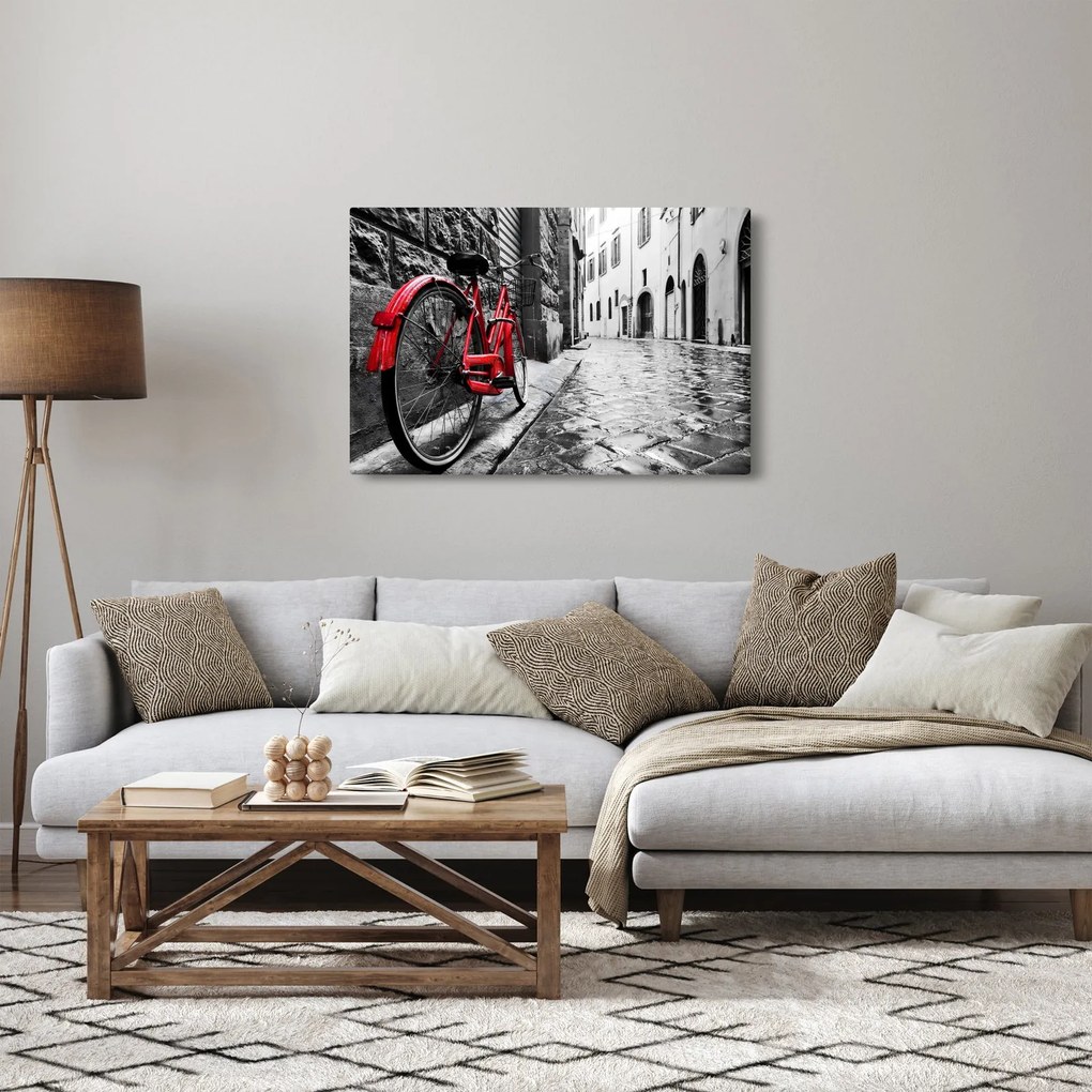 Obraz červeného kolesa na dláždenej ulici (90x60 cm)