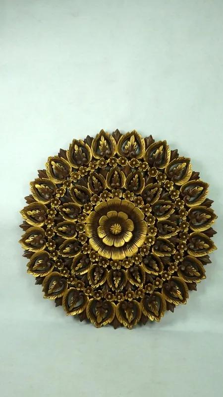 Dekorácia na stenu Mandala ELANOR, zlatá, teakové drevo, 90 cm