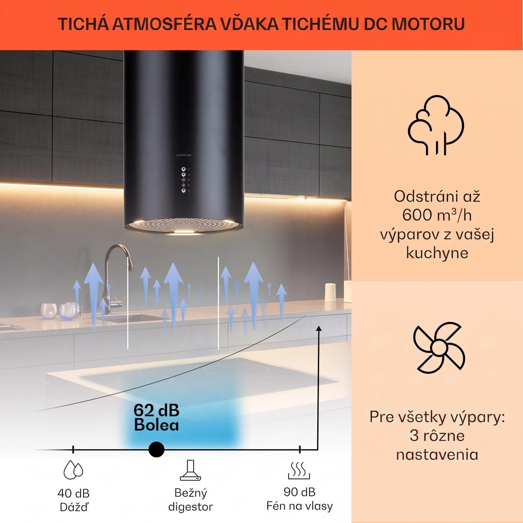 Klarstein Bolea, digestor, 38 cm, ostrovčekový, 651 m³/h, LED, filtre s aktívnym uhlím, nehrdzavejúca oceľ