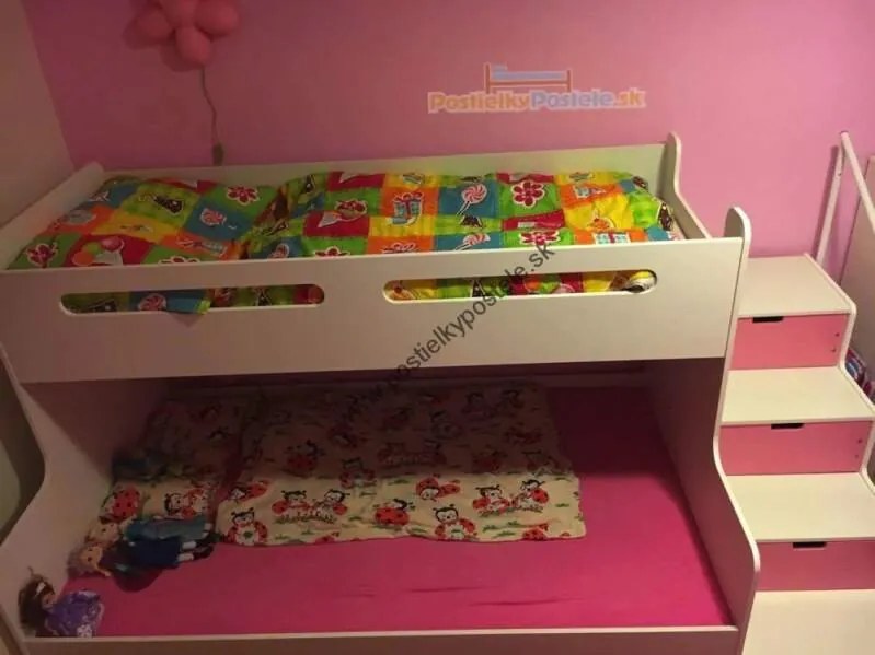 Poschodová posteľ s prístelkou MAX 3 rozšírená 200x120 biela - ružová
