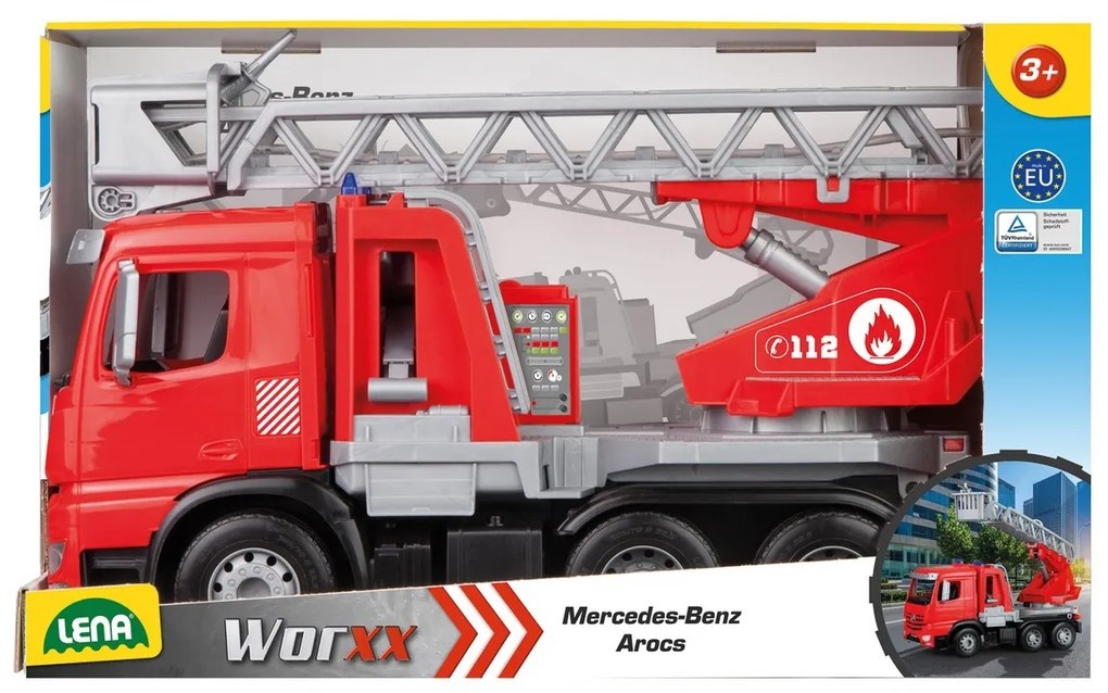 Lena Hasičské auto s funkčnou striekačkou Mercedes Benz Arocs, 47 cm