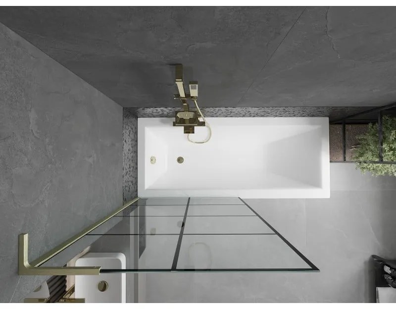 Mexen Next L, 1-krídlová vaňová zástena 90 x 150 cm, 6mm číre sklo-čierny vzor, zlatý matný profil, 895-090-000-03-77-55