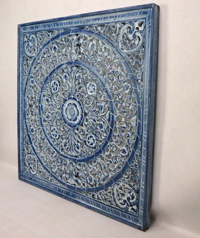 Dekorácia na stenu MANDALA modrá ručne vyrezávaná, 100x100cm