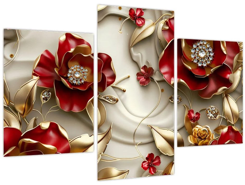 Obraz - 3D Červeno-zlaté kvety (90x60 cm)