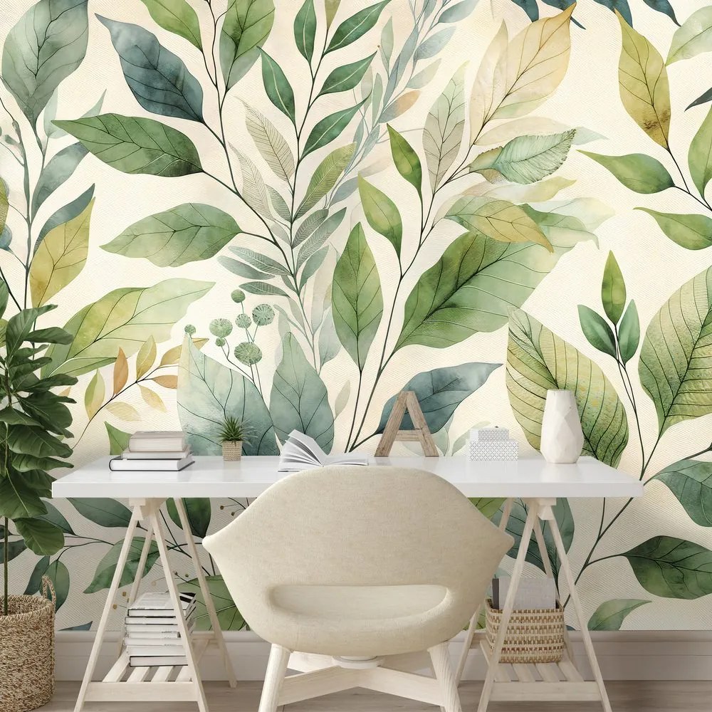 Samolepiaca tapeta zelené akvarelové listy na béžovom pozadí