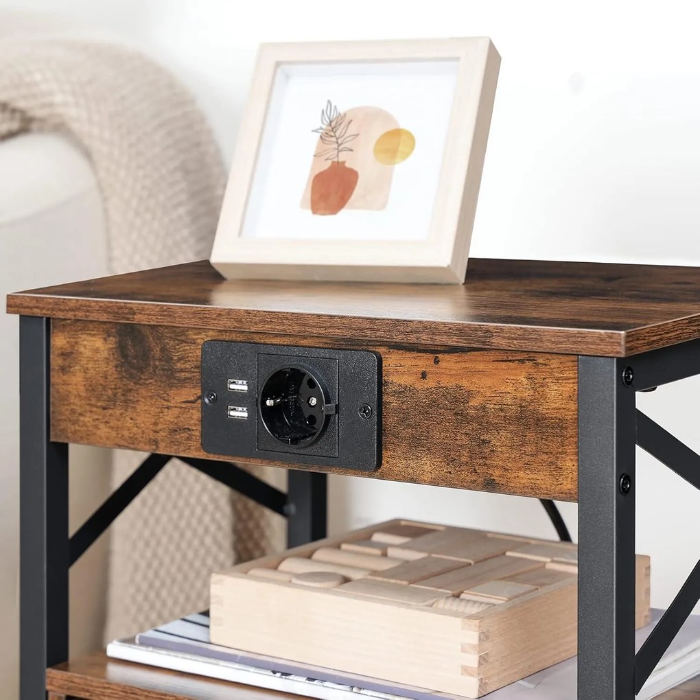 Noční stolek Vasagle Zrava s nabíjecí stanicí 60 cm hnědý/černý