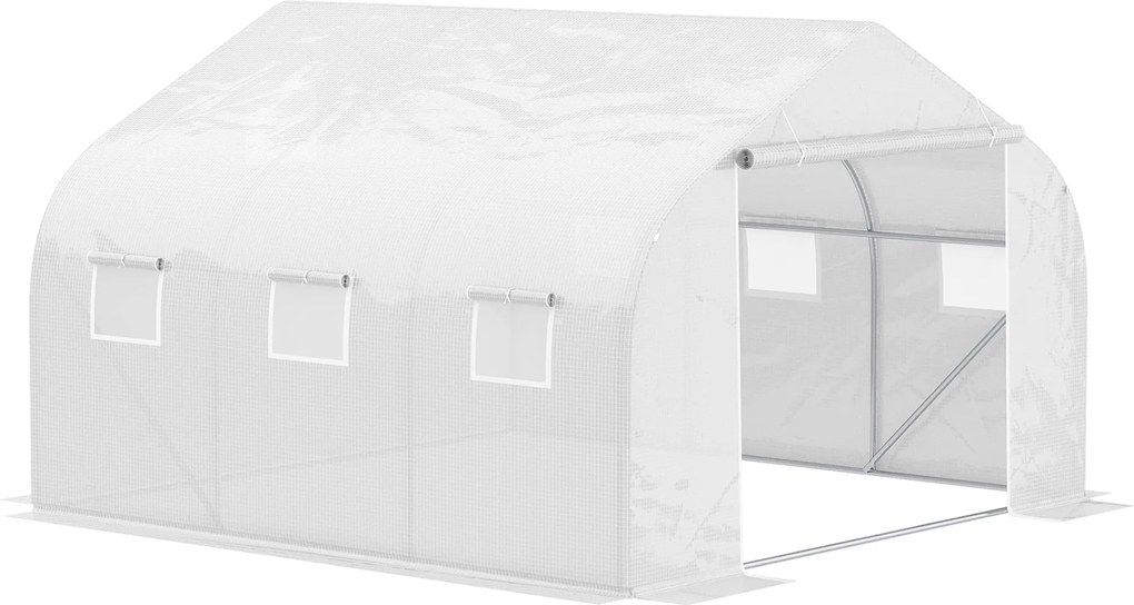 Tunelová skleník Outsunny 3,5x3x2 m s 6 oknami a PE polyetylénovým krytom 140 g/m² pre rastliny, kvety a zeleninu na bielom terase | Aosom