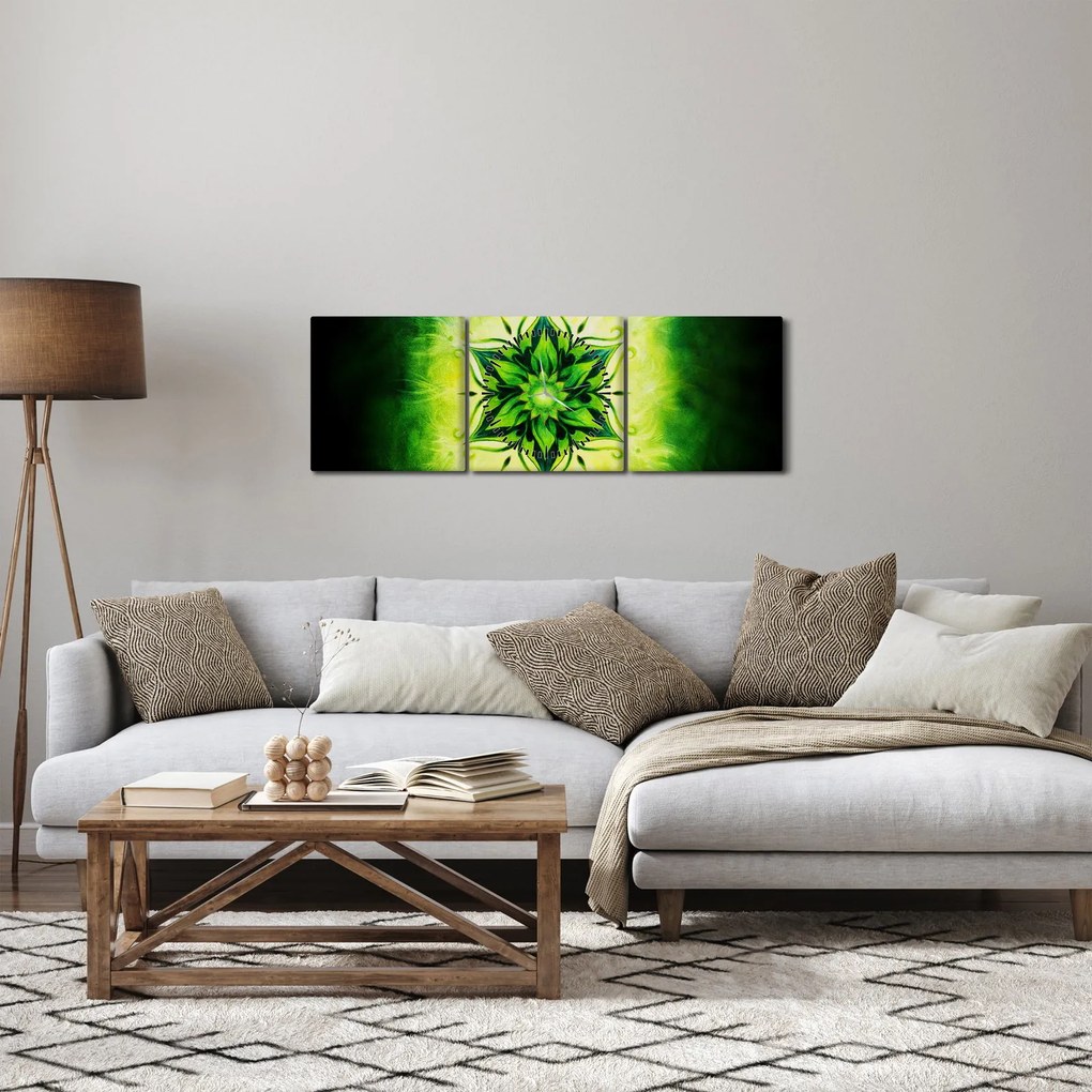 Obraz - Kvetinová mandala v zelenom pozadí (s hodinami) (90x30 cm)