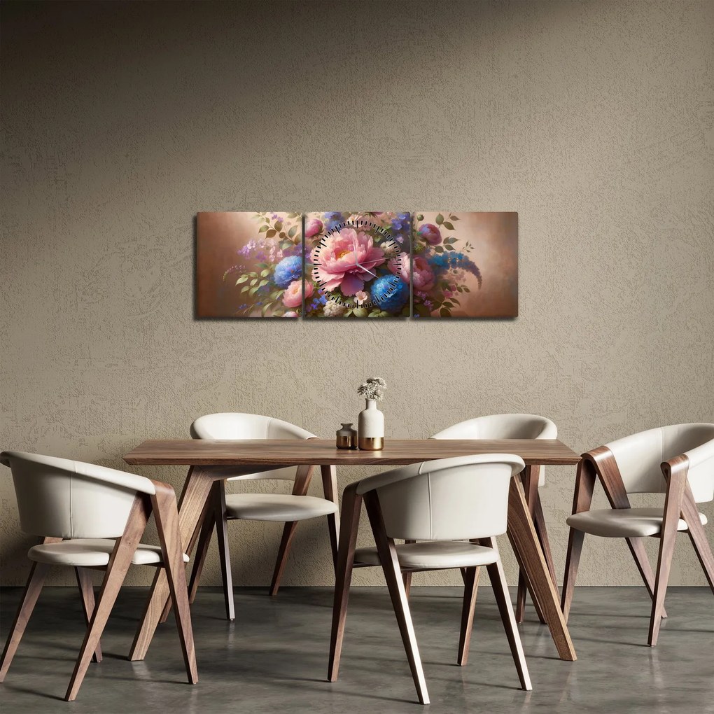 Obraz - Stôl plný kvetov (s hodinami) (90x30 cm)