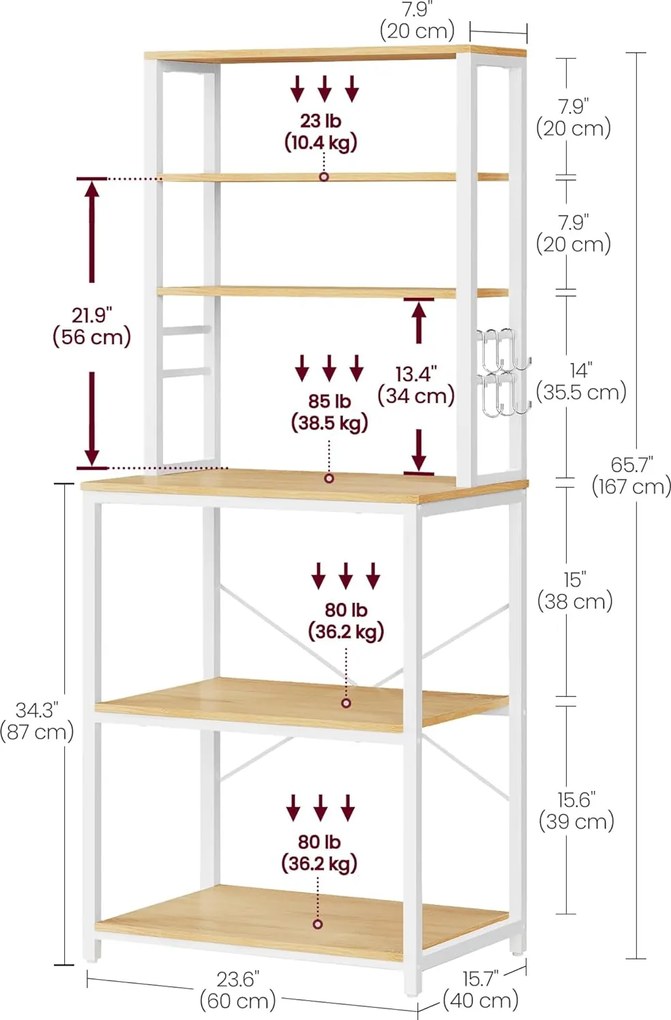 Kuchynský úložný regál, pečiaci stojan 40 × 60 × 167 cm, v dubovej farbe a bielej