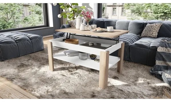 Rozkladací konferenčný stôl so zdvíhacou doskou a policou ADEN dub sonoma/biela