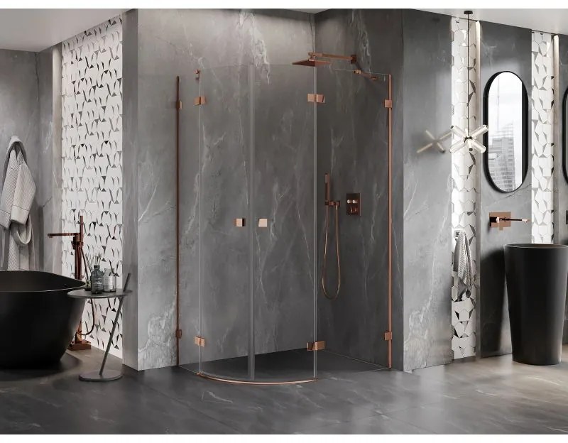 Mexen Lunar, pravý polkruhový sprchový kút 100 x 80 cm, 8mm číre sklo, profil ružové zlato, 833-100P-080L-60-00