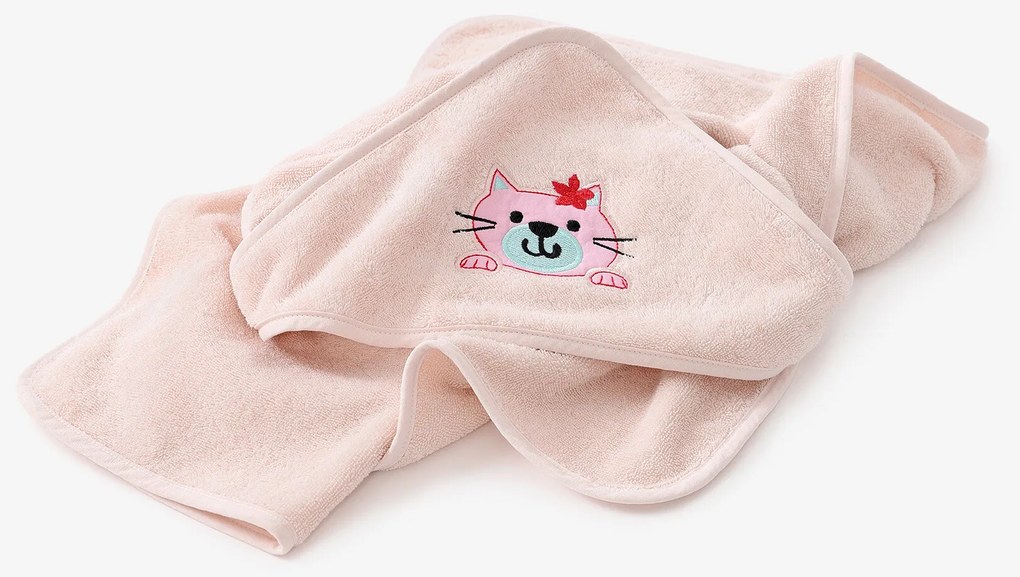 Goldea detská froté osuška s kapucňou - mačička na svetlo ružovej 100 x 100 cm