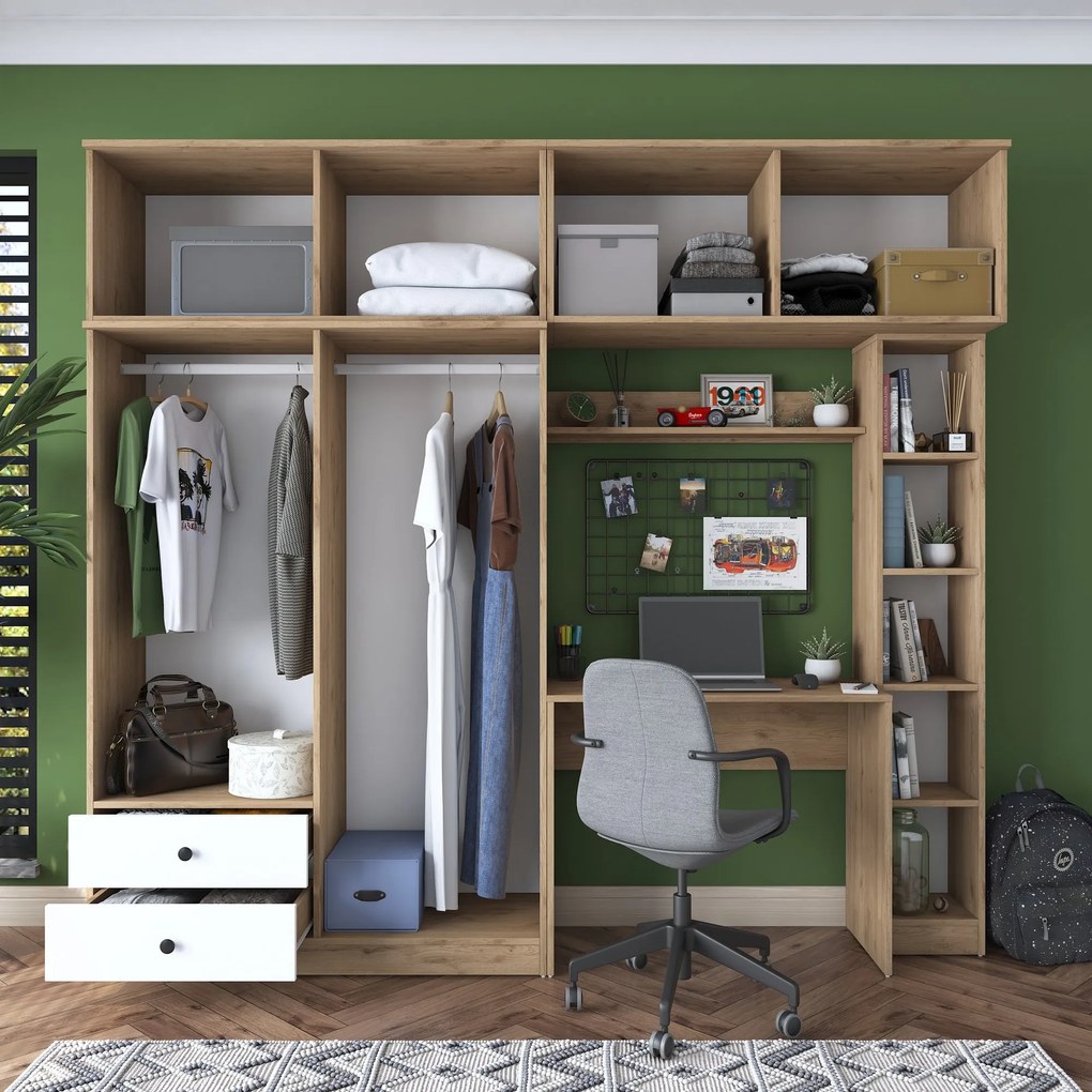 Súprava detského nábytku Baren s písacím stolom, šatníkovou skriňou a regálom biela/orech