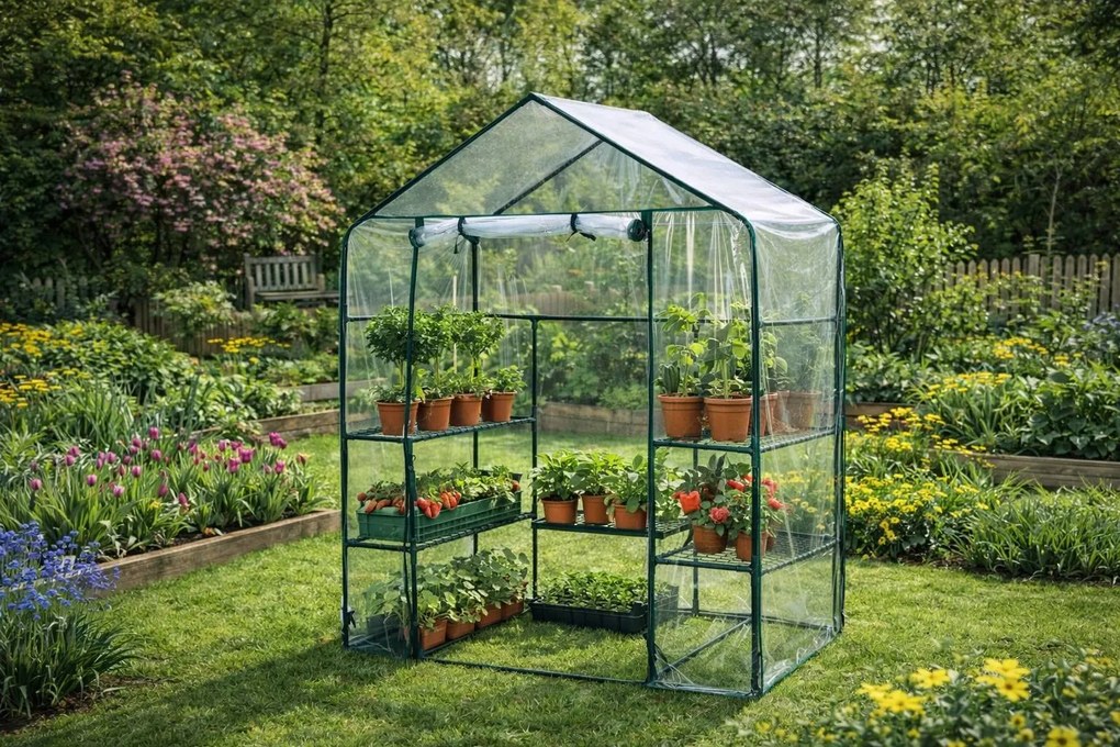 Mini fóliový skleník s policami BestBerg BBGH-195 / 143 × 73 × 195 cm / čierna/transparentná