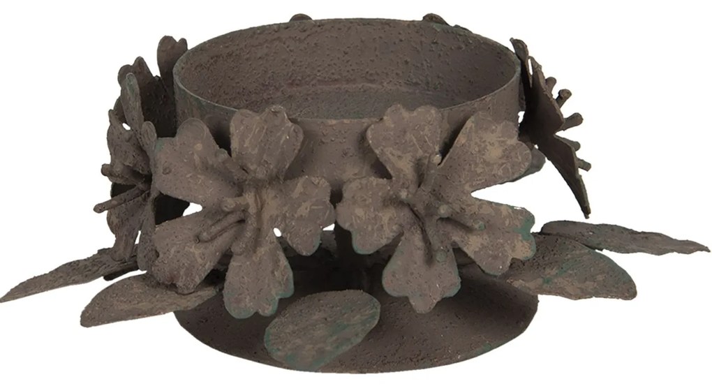 Hnedý kovový svietnik s patinou a kvetinami - 10 * 6 * 5 cm