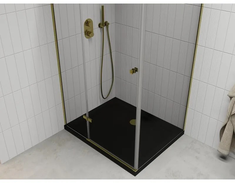 Mexen Roma, sprchovací kút s 1-krídlovými dverami 120 (dvere) x 80 (stena) cm, 6mm číre sklo, zlatý profil, slim sprchová vanička 5cm čierna, 854-120-080-50-00-4070G