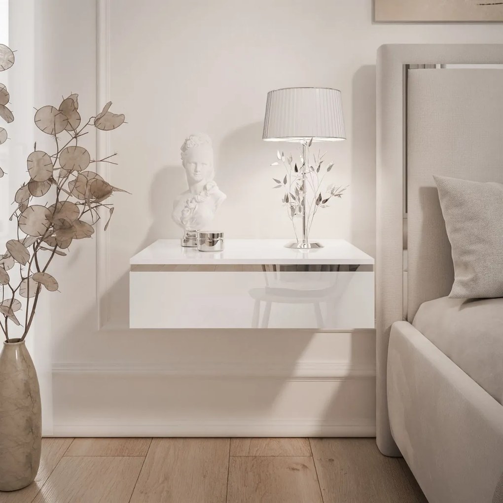 ZÁVESNÝ NOČNÝ STOLÍK NESSIE BIELY LESK + STRIEBORNÝ