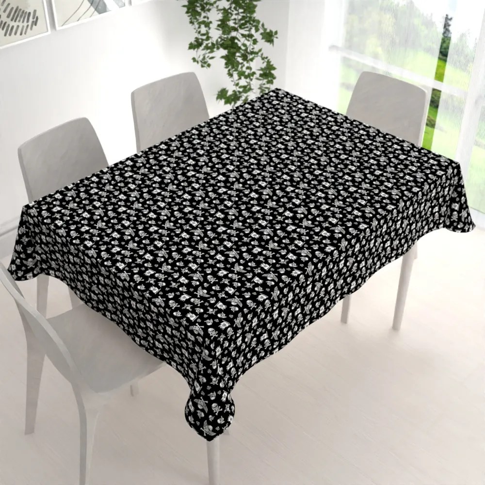 Biante Detský bavlnený obdĺžnikový obrus Sandra SA-104 Biele pirátske lebky na čiernom 80x120 cm