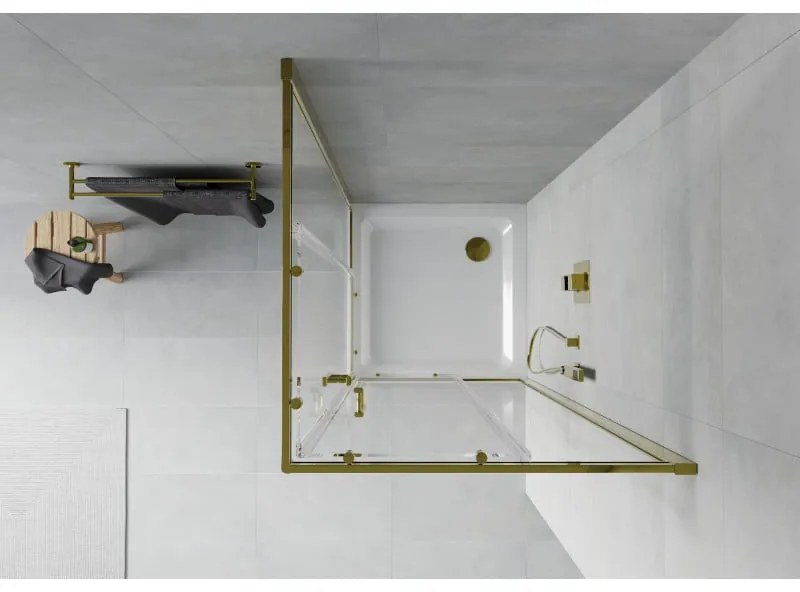 Mexen Rio, štvorcový sprchovací kút s posuvnými dverami 90(dvere) x 90(dvere) x 190 cm, 6mm číre sklo, zlatý profil + biela sprchová vanička SLIM, 860-090-090-50-00-4010G