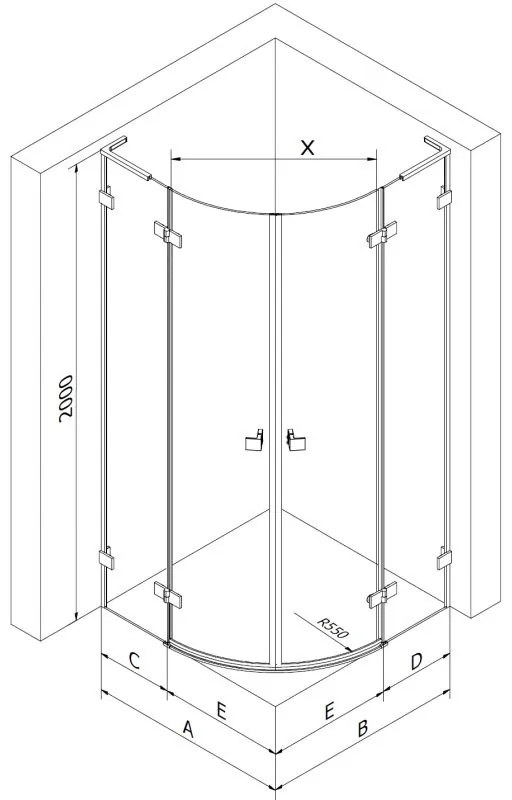 Mexen Lunar, L polkruhový sprchový kút naklápací doľava 100 x 90 cm, 8mm číre sklo, čierny profil, 833L-100L-090P-70-00