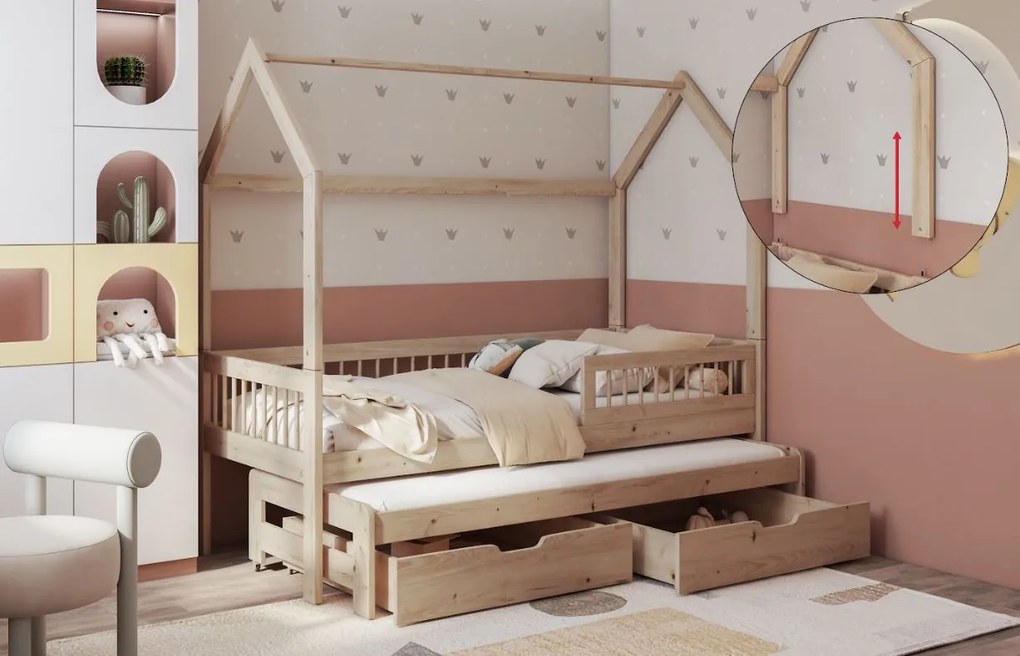 Detská domčeková posteľ z masívu borovice ASHER II so šuplíkmi a prístelkou - 200x90 cm - prírodná borovica